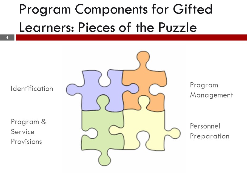 >Program Components for Gifted Learners: Pieces of the Puzzle 4 Program Management Program &